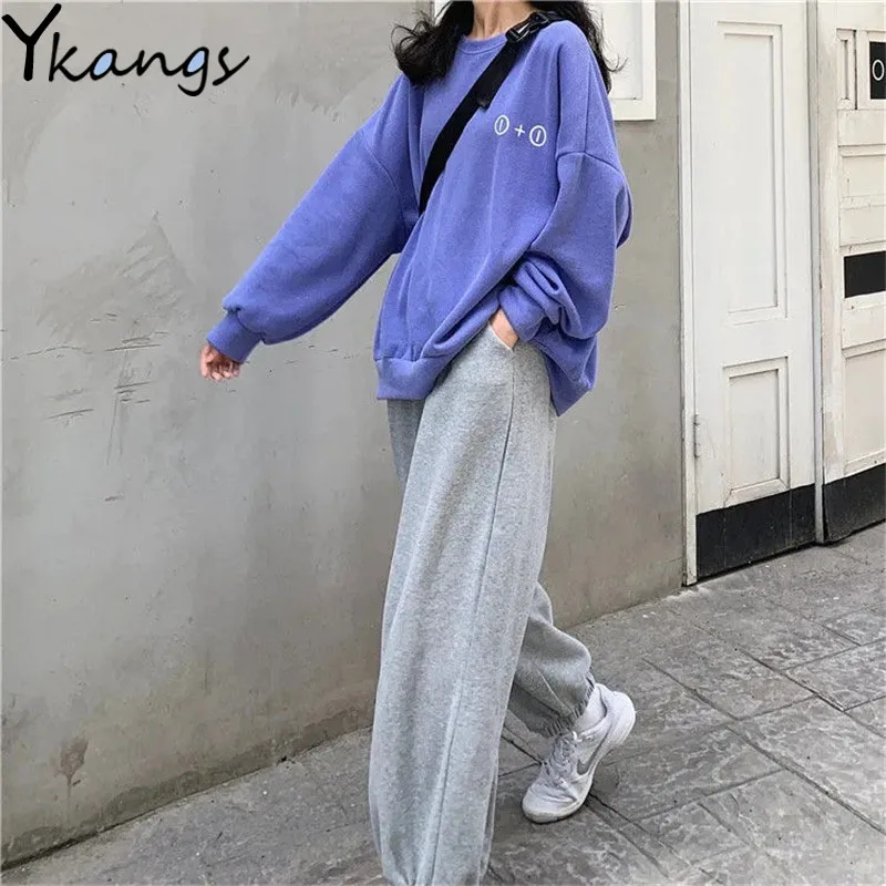 

2021 Solid Color Printed Knitted Long-sleeved Top All-match Women's Sports Pants Campus Style Fashion Casual Lady Two-piece Suit