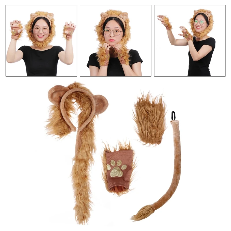 Halloween Costume Lion Plush Ears Headband Tail and Paws Kit Lion Fingerless Costume for Adults Kids Halloween Decor