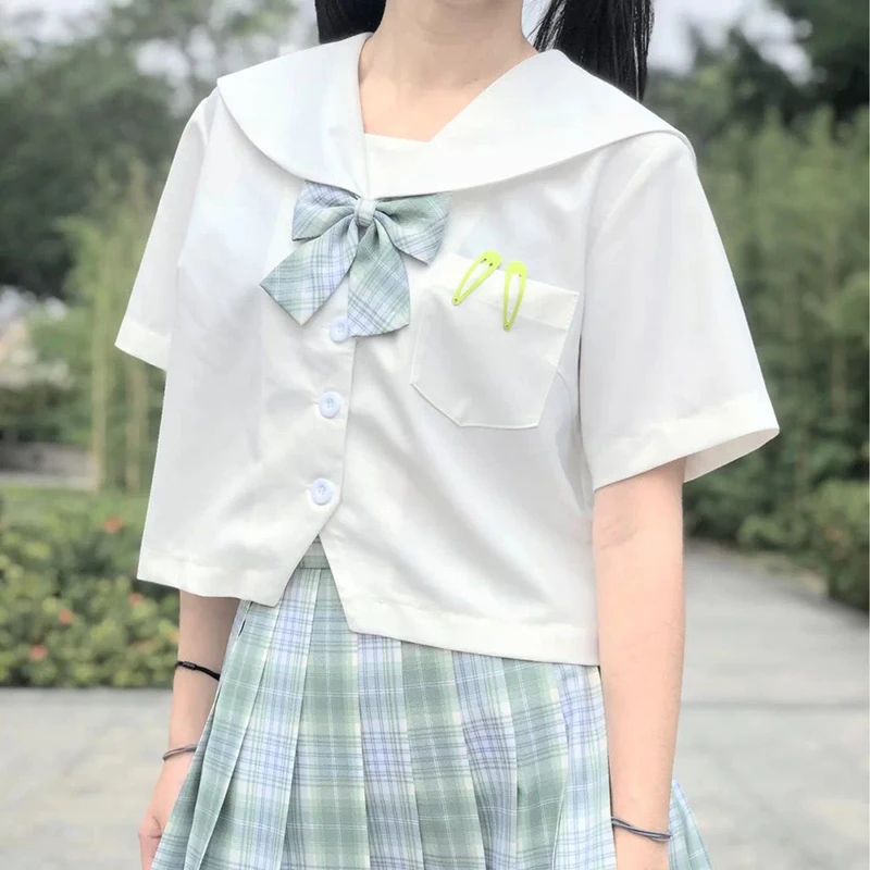 White Shirts Women Sailor Collar Cropped Summer Thin Pockets 3 Style Short Sleeve All-match Design Harajuku Jk Japanese Students