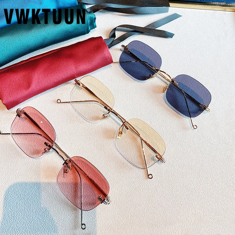 

VWKTUUN Rimless Sunglasses Women Metal Rectangle Shades UV400 Small Frame Anti Blue Light Glasses Super Light Eye Glasses Frames