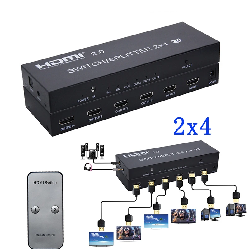 2x4 HDMI 2.0 Switch Splitter 4K HDMI Switch/Splitter SPDIF Audio Support 4K/60Hz and can downscaling output for 4K and 1080P