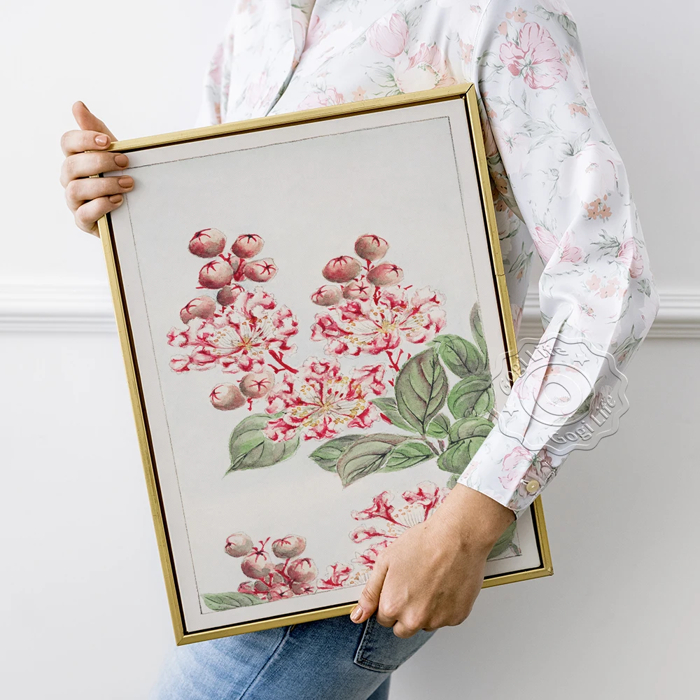 Megata Morikaga Ink Drawing Exhibition Museum Poster, Japanese Crape Myrtle Plant Vintage Art Canvas Painting, Wall Art Decor