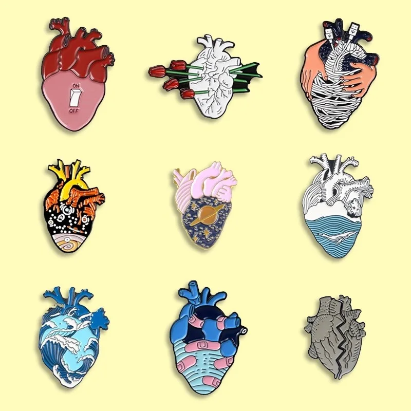 Human Organs Heart Metal Enamel Pin Rose Starry Waves Heart Shape Badge Brooch Fashion Jewelry Coat Backpack Jewelry Gift