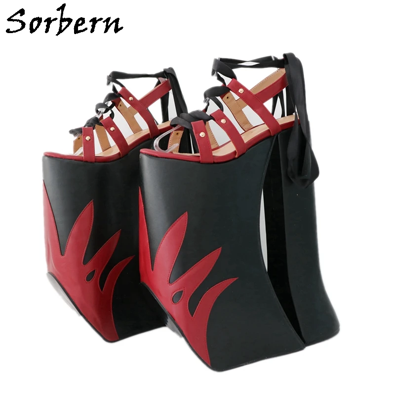 Sorbern Sorbern Wine Red Flames Women Sandals Thick Wedges Wide Sole Display Shoes for Drag Queen Slingback Custom Colors