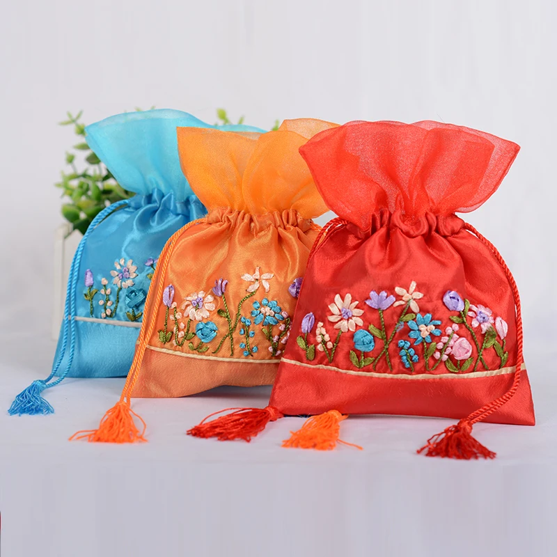 

10pcs Tassel Patchwork yarn Large Satin Jewelry Pouch Gift Packaging Handmade Ribbon Embroidery Drawstring Empty Sachet Bags