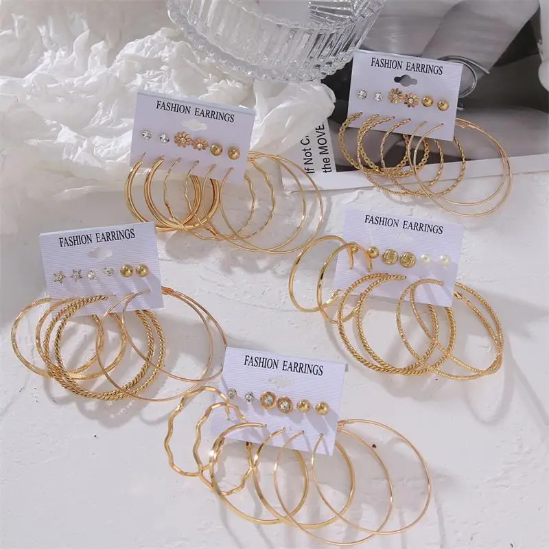 FNIO Statement Gold Color Big Bamboo Circle Hoop Earrings For Women Hip Hop Earrings set Classic Jewelry 3pcs/set