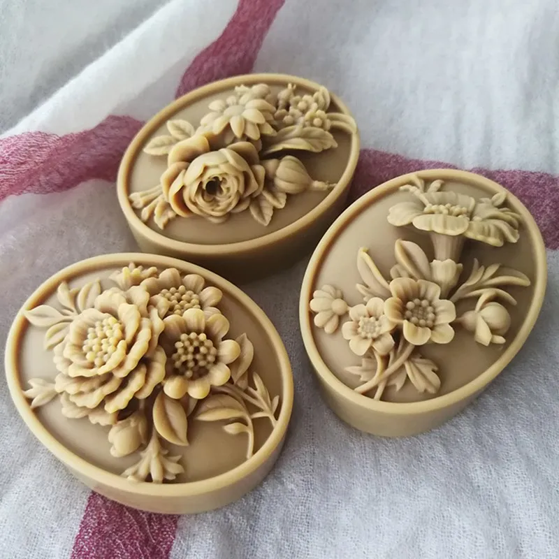 Oval Flower 3D Soap Mold Natural Bar Soap Molds Scented Candle Wax Silicone Mold Aromatherapy Plaster Resin Crafts Mold