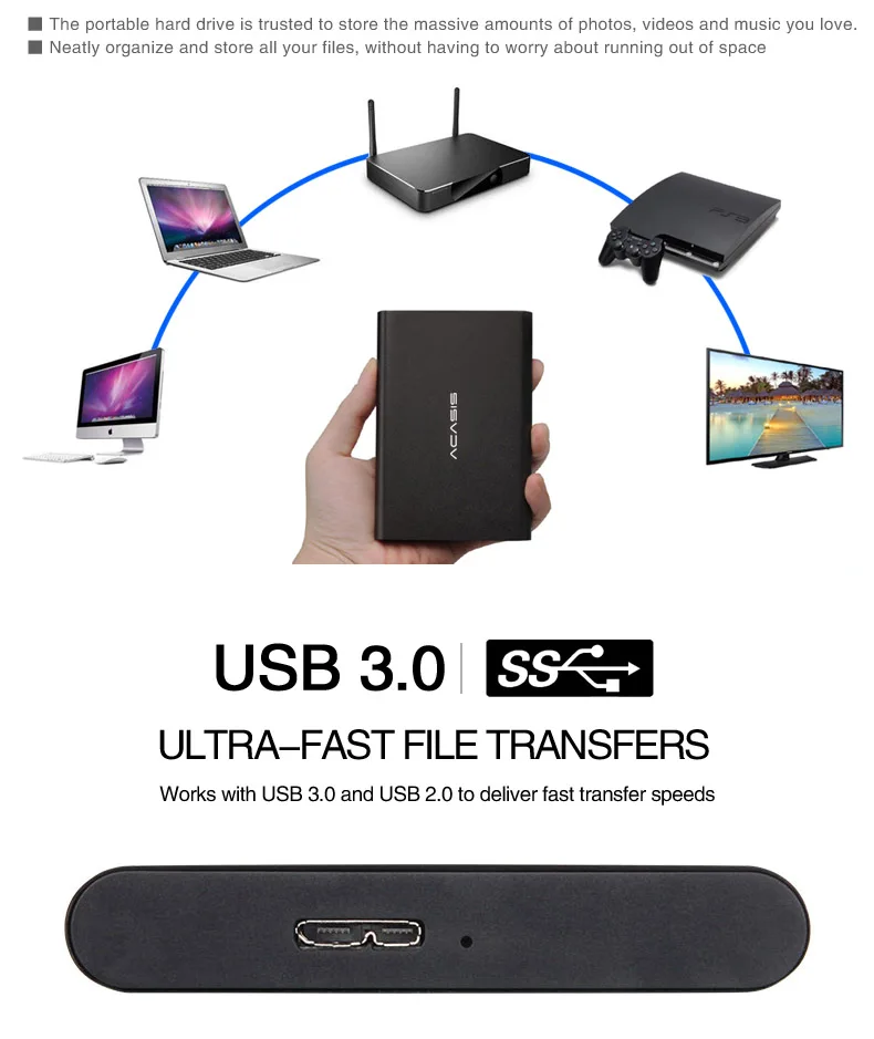 ACASIS ''2TB 1TB Super External Hard Drive Disk USB3.0 500GB HDD Storage For PC, Mac,Tablet, XBOX, PS4,TV box 4 Color HD