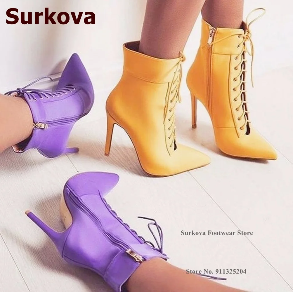 Surkova Purple Yellow Lycra Fabric Ankle Boots Pointed Toe Lace-up Dress Shoes Elegant Thin High Heels Party Pumps Size46