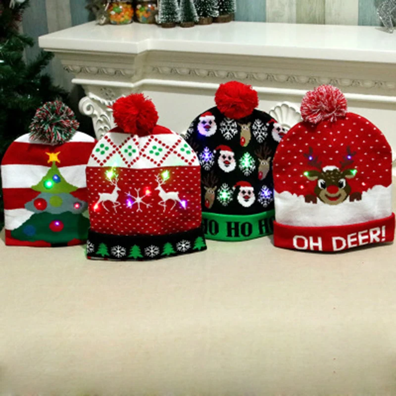 New Style! LED Christmas Hat Beanie Light Up Illuminate Warm Hat 48 Patterns New Year Snowman Sweater Hat Christmas Decorations