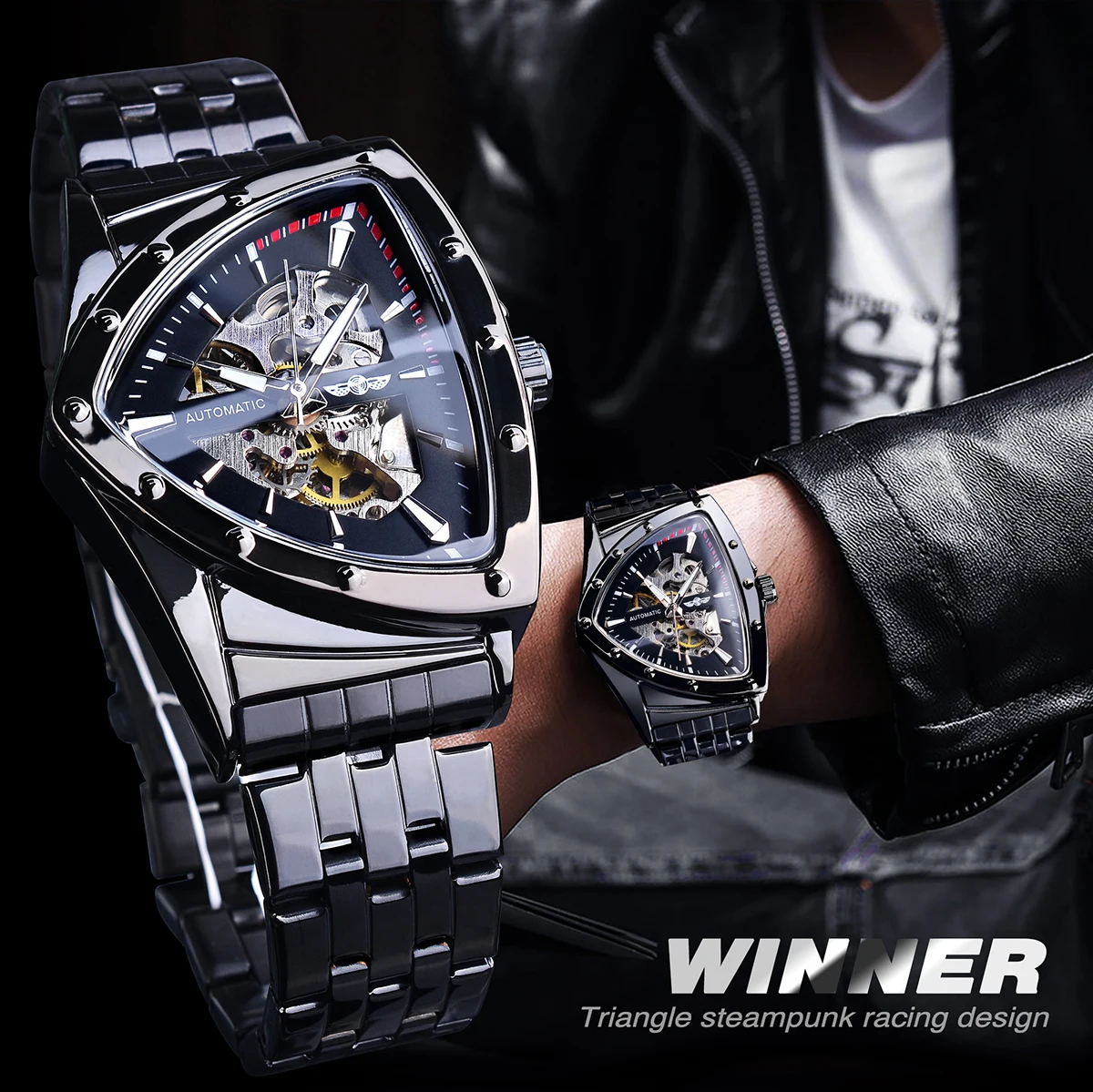 WINNER Black Skeleton Mechanical Watch Man Triangle Automatic Watches Stainless Steel Irregular Wristwatch Transparent Back Case