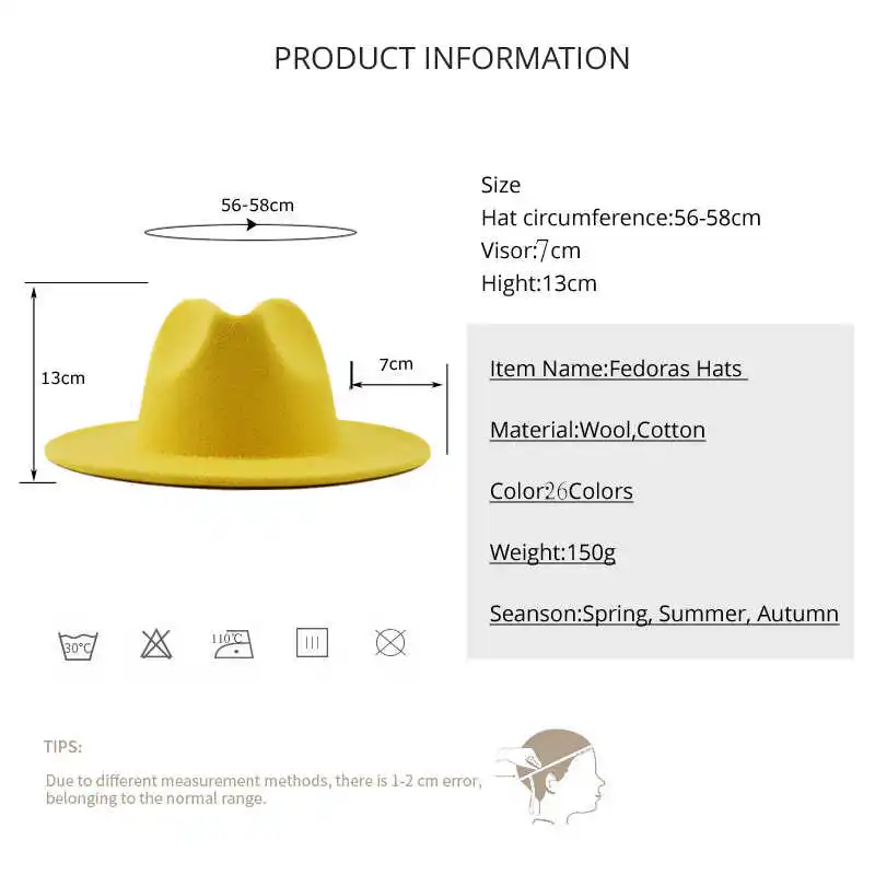 Outer white New Inner yellow Wool Felt Jazz Fedora Hats with Thin Belt Buckle Men Women Wide Brim Panama Trilby Cap 56-58CM