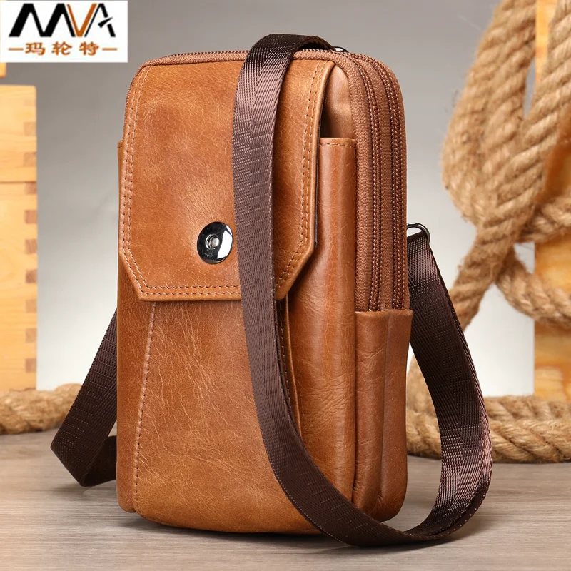 First layer cowhide retro waist bag for men Vertical square European and American style man belt pouch Three models shoulder bag