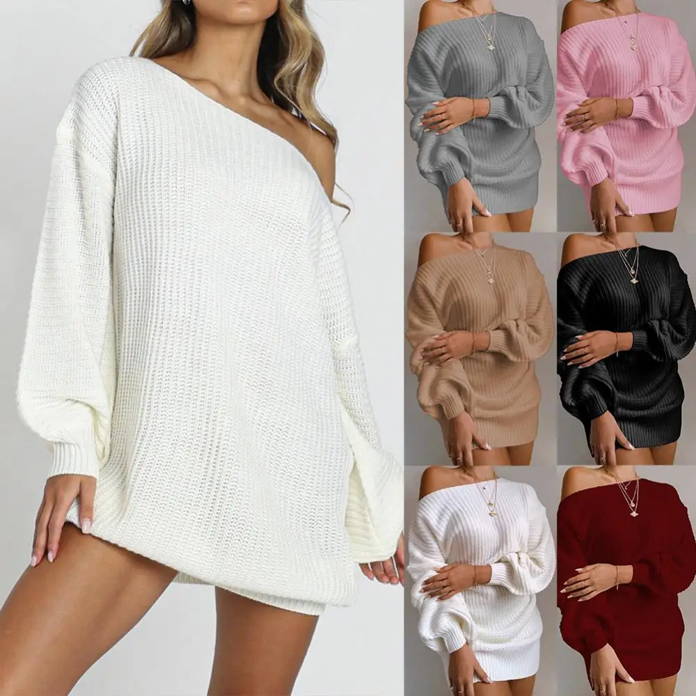 

Sweater Dress Women Streetwear Long Sleeve Loose Pullover One Shoulder Puff Lantern Warm Leisure Tunic Knitted Jumpers