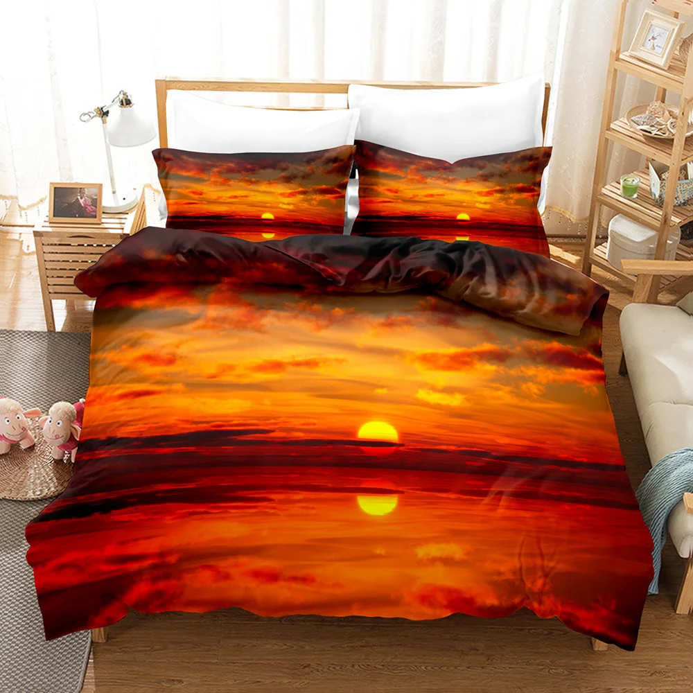 Goldon Sunset Bedding Set Tropical Beach Holiday Duvet Cover Set Girl Bed Cover Set Sunrise Quilt Cover Pillowcase Single Double