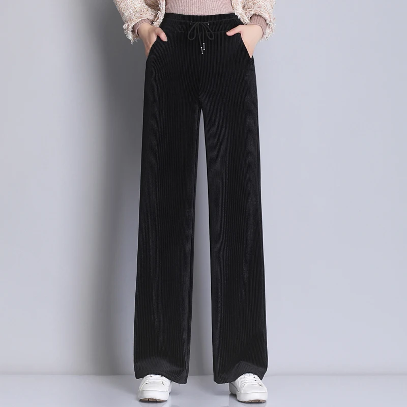 Women Elegant Black Pants Lace Up Elastic Waist Streetwear 2024 Autumn Winter Casual Full Length Trousers Corduroy Pantalones