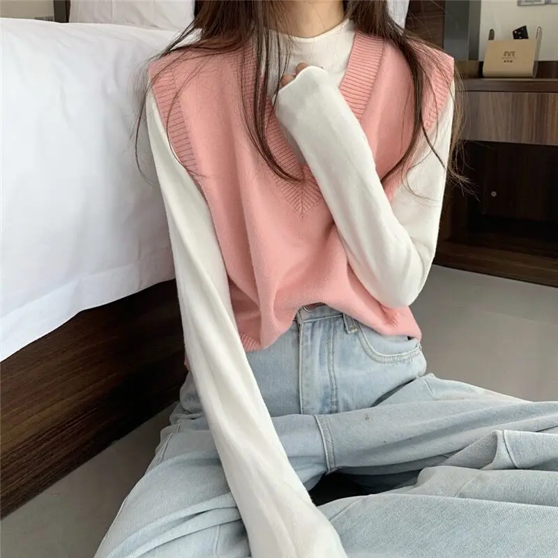 Sweater Vest Women Solid Autumn Winter All-match Leisure Outerwear Knitted V-Neck Sleeveless Female Elegant Chic Simple Harajuku