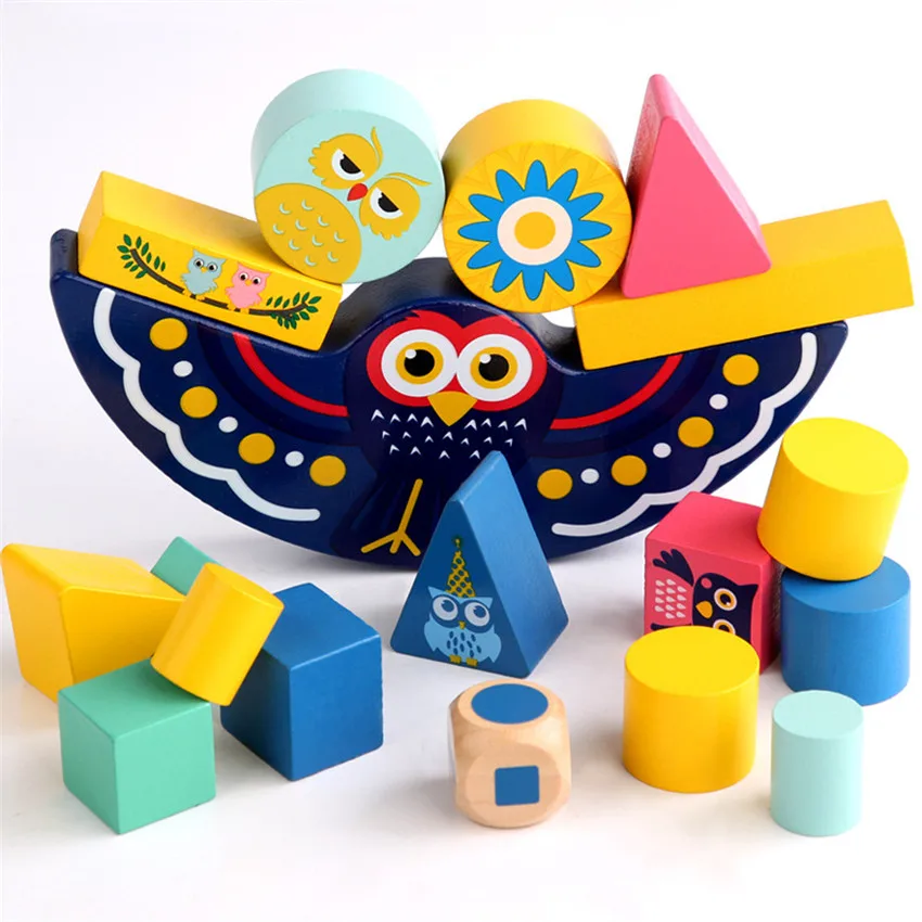 Gufo di legno Balance Building Blocks impilamento alta educazione della prima infanzia Cartoon Animal Pile Tower gioco da tavolo giocattolo per bambini