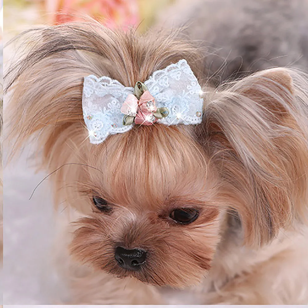 1PC Bling Rhinestone Luxury Pet Puppy Dog Cat Hairpin Hair Bows Tie Dog Lace Hair Clips Pet Dog Grooming Pet Hair Accessories