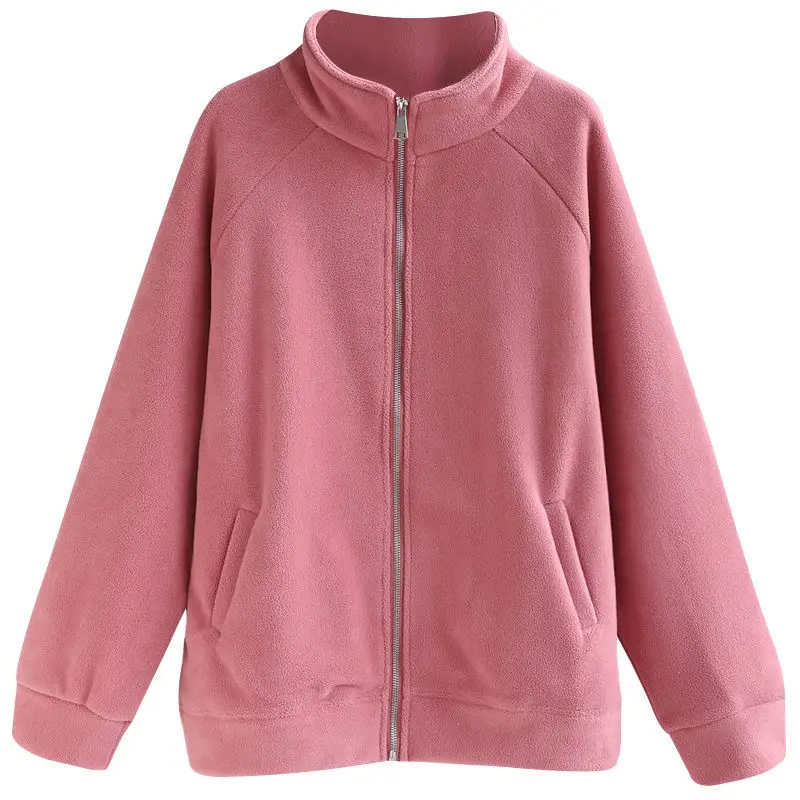 Winter New Solid Color Plus Velvet Women Hoody Thicken Lady Sweatshirt Complex Polar Fleece Stand-Up Collar Zipper Female Coat