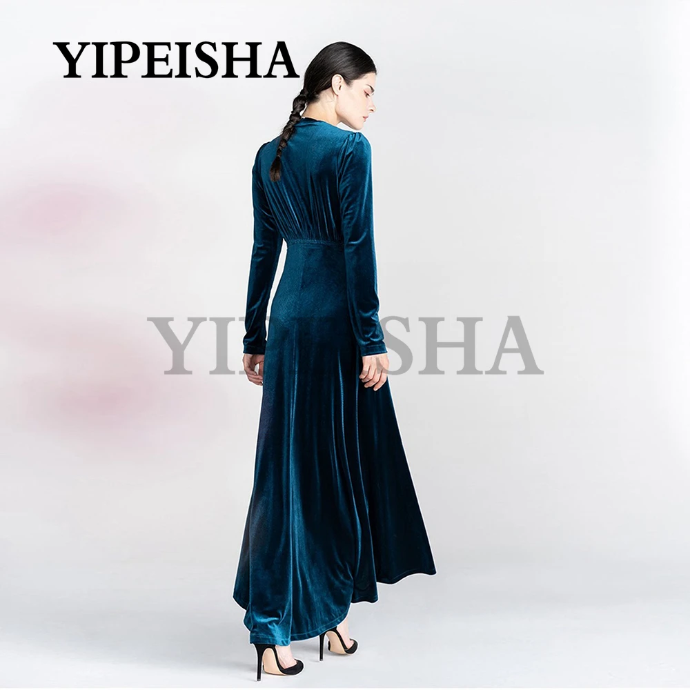 Customized V-Neck Simple Velour A-Line Evening Dresses Button Long Sleeve Front Split Party Gown Robe De Soirée Femme Vestidos