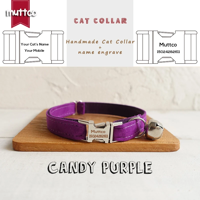 MUTTCO Retailing handmade engraved metal buckle cat collar THE CANDY PURPLE  poly satin and nylon 2 sizes cat collar UCC029