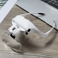 Head Wearing Magnifying Glass Lens Eyeglass Interchangeable Mount Bracket Headband Magnifier with 2 LED Lights 5 Lenses