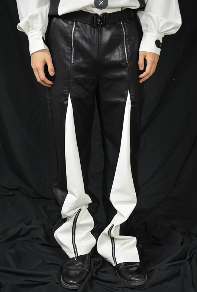 27-46 New 2024 Men Clothing GD Hair Stylist Black White Stitched Zipper Deconstructed Leather Pants Plus Size Singer Costumes