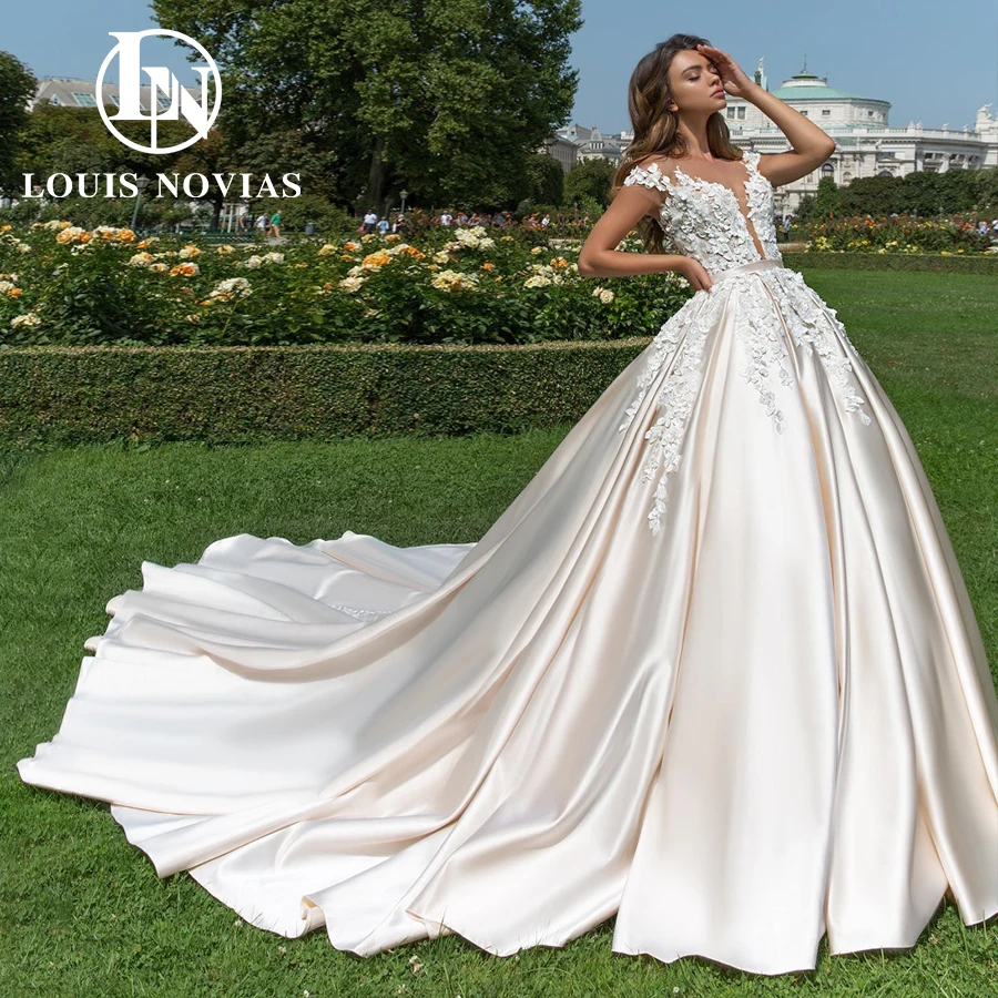 LOUIS NOVIAS Satin Wedding Dresses For Women Luxury Exquisite Bridal Dress Beading Flowers Cap Sleeve Vestidos De Novia