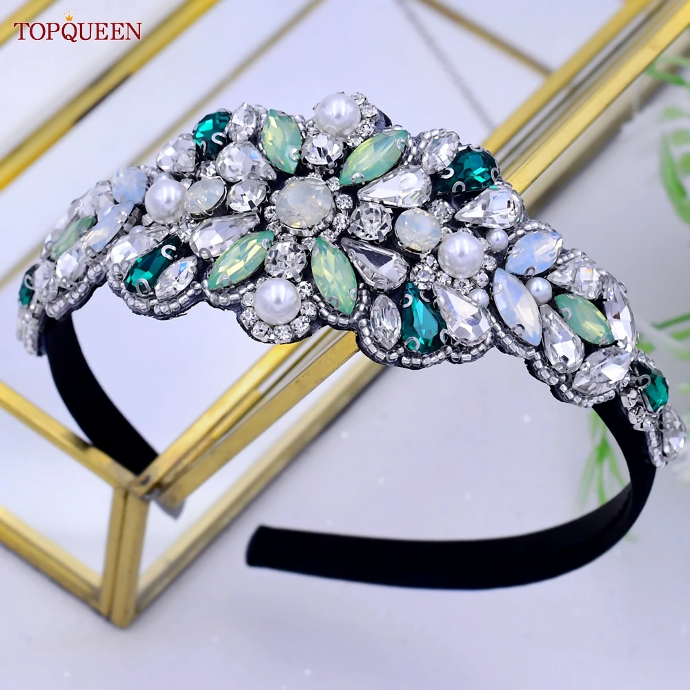 TOPQUEEN S443-FG Ladies Green Rhinestone Headband Fashion Simple Style Party Dance Wedding Headdress Girls Daily Wear Headband