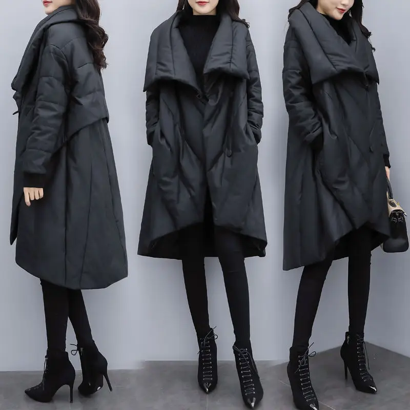 2024 Winter New Women Loose Fashion Mid-length Down Padded Cotton Jacket Female Black Slimming Cloak Jacket Buttons Thickeing