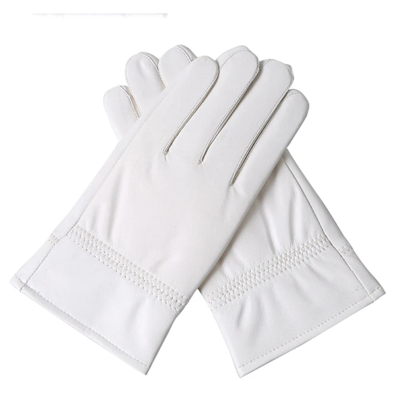 Gants courts en cuir véritable pour hommes, mitaines de police, gants de sport à doigts complets, peau de mouton de cérémonie, blanc, chaud, mode