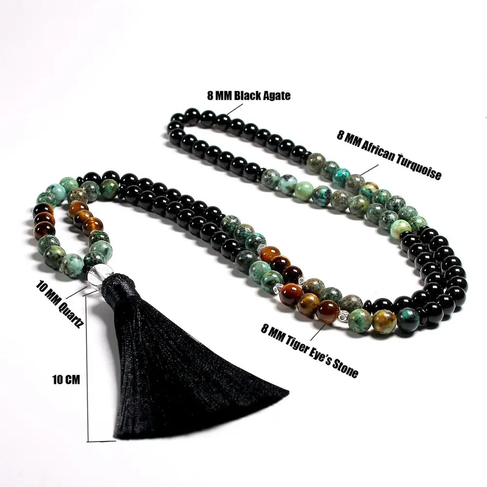 Natural Tiger Eye Stone 108 Japamala Beads Necklaces For Women Black Onyx Yoga Mala Tassel Long Necklace Men Jewelry 8MM