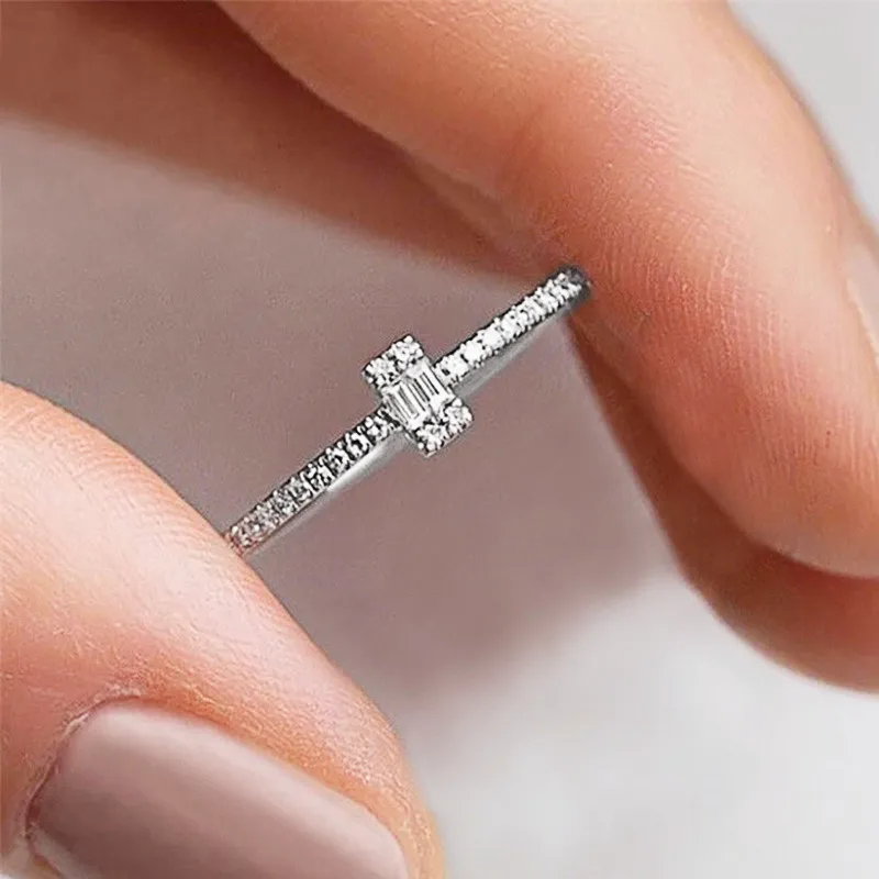 Huitan Fashion cienkie pierścienie dla kobiet Micro betonowa CZ kamień prosty stylowy kobiece akcesoria wszechstronny Design biżuteria obrączka ślubna — zdjęcie 7