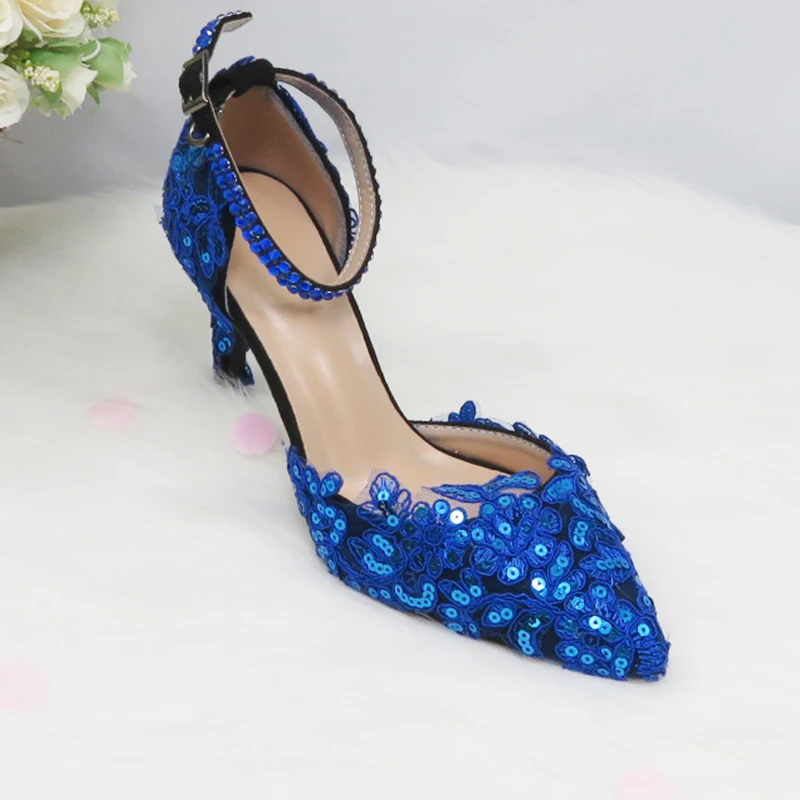 BaoYaFang Blue Lace flower wedding shoes women Bridal High heels Platform shoes woman party dress shoes super big size 45