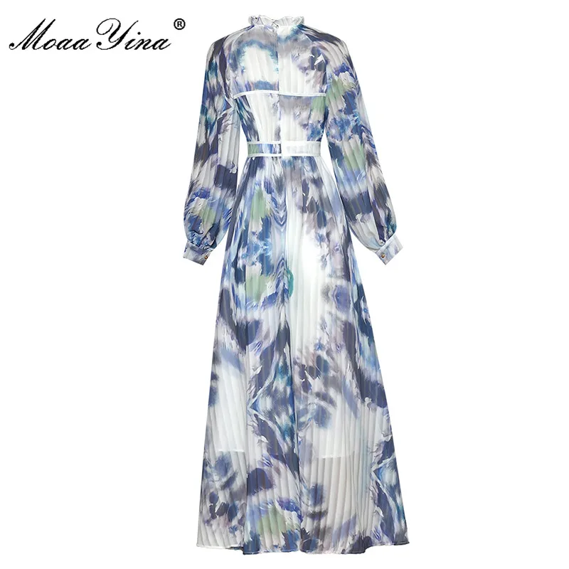 MoaaYina Fashion Designer Autumn Midi Dress Women's Lantern sleeve Tie-dye Stripe Printed Elegant Vacation Dress