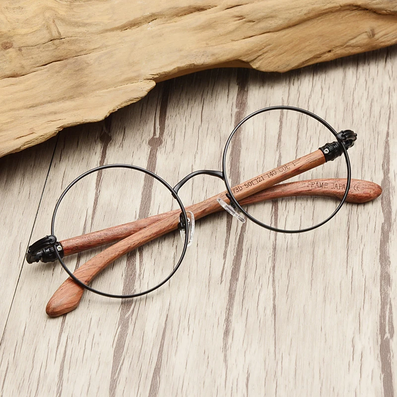 Japan Real Wood Temple Titanium Vintage Round Glasses Frame Men Women Myopia Optical Frames Prescription Frame Oculos De Gafas