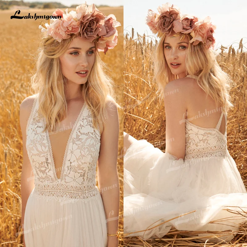 Simple Boho Wedding Dress 2021 vestido de novia Chiffon A Line Bridal Gown Backless Brautkleid Lace Appliques Beach Bridal Dress