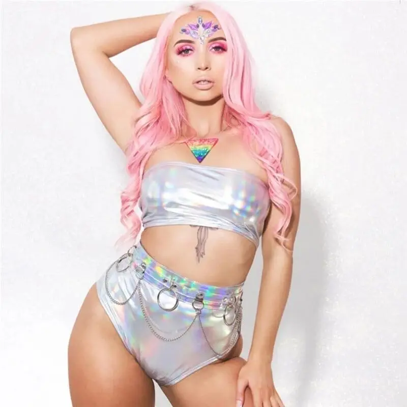 

Holographic Two Piece Set Women Shiny Wet Look Strapless Crop Top Sexy Hot Panty Metallic Tube Top and Shorts Festival Clubwear