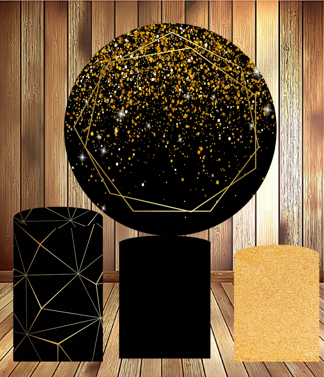 

Black gold glitter Round circle panel background adult birthday party decor mini dessert table fabric 3 cylinder plinth cover