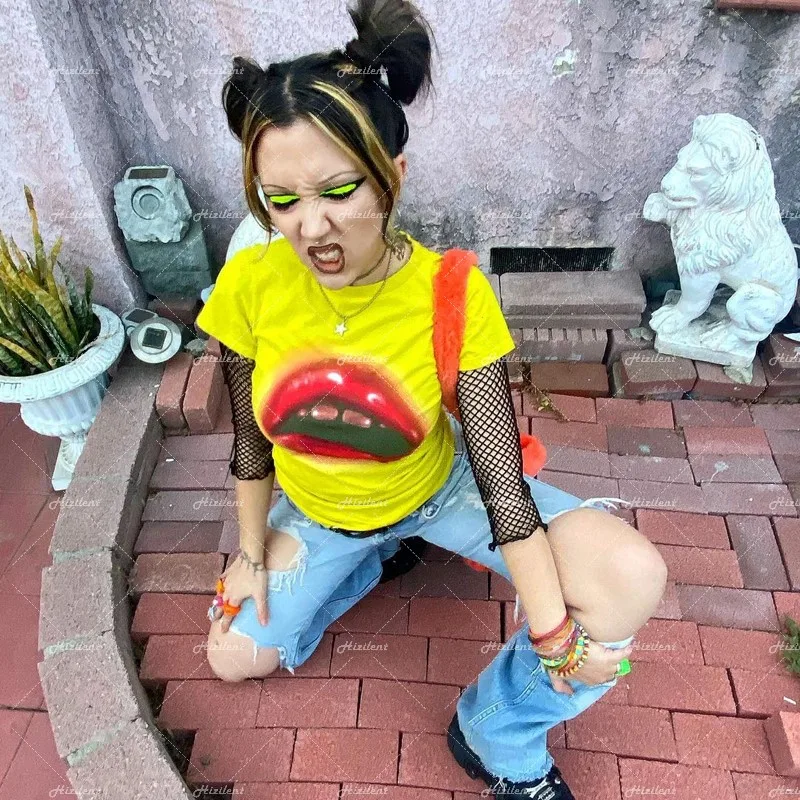 Aesthetic fairy grunge Punk Vintage mouth Printed yellow Summer Tee Kawaii tops emo Hip hop Y2K Harajuku Gothic Tank Top E-girl