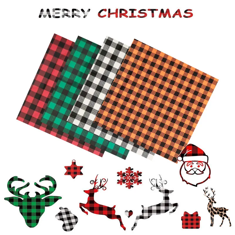 4Pcs/Set 10''x10'' PU Plaid Christmas Lettering Film Heat Transfer Vinly for Heat Press Machine T-shirt Iron On HTV Printing