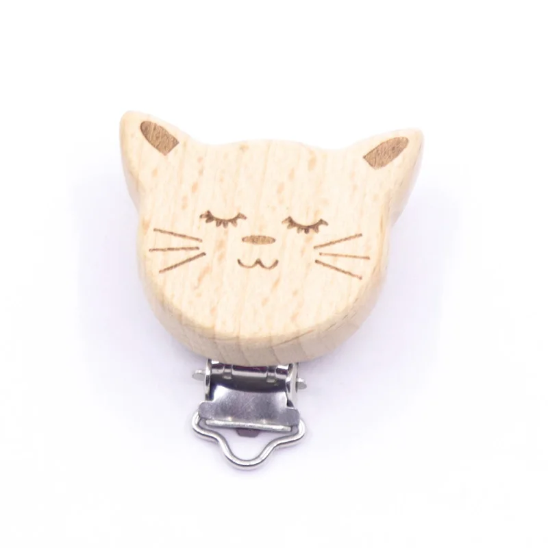 5pieces Kwd 9 Cute Style Wood Cartoon Animal Sucker Natural Chain Beech Beech Box Clip Diy Dummy Clip Accessories