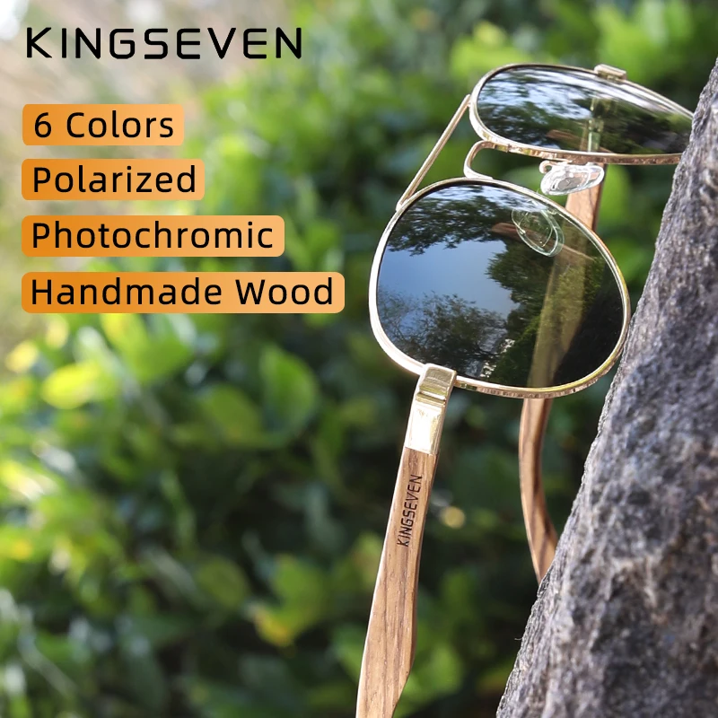 

KINGSEVEN New Photochromic Pilot Sunglasses Men Polarized UV400 Fashion Sunglass Mirror Wood sun glasses Driving oculos