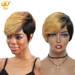 SSH Short Honey Blonde Ombre Color Brazilian Hair Bob Wig With Bangs Pixie Cut Straight Machine Made Human Hair Wigs For Women