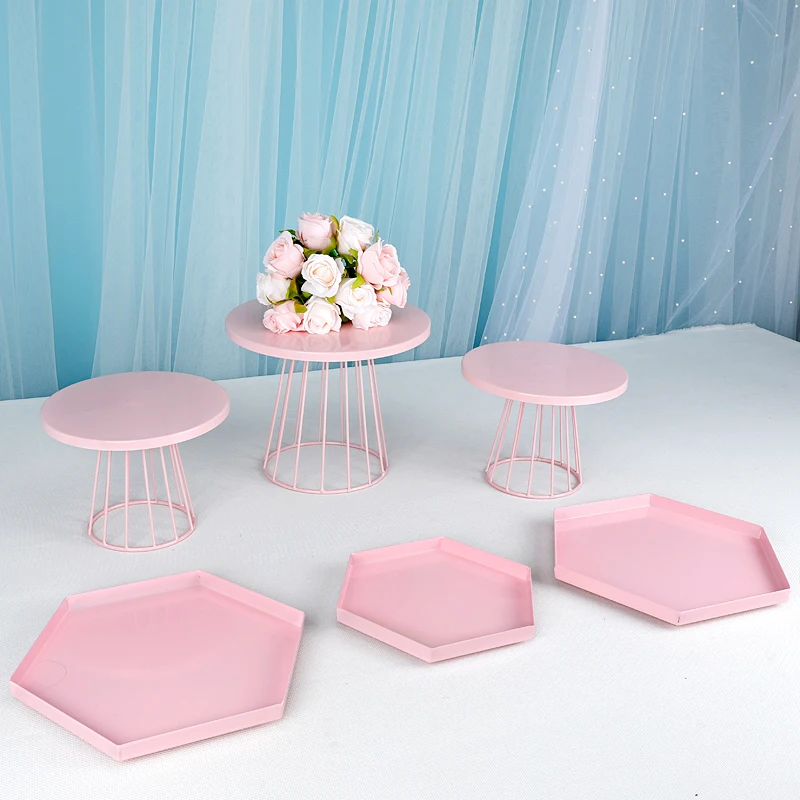 1-6pcs   Metal Cake Stand Set Birthday Party Macaron Cupcake Rack Stand For Wedding Pink