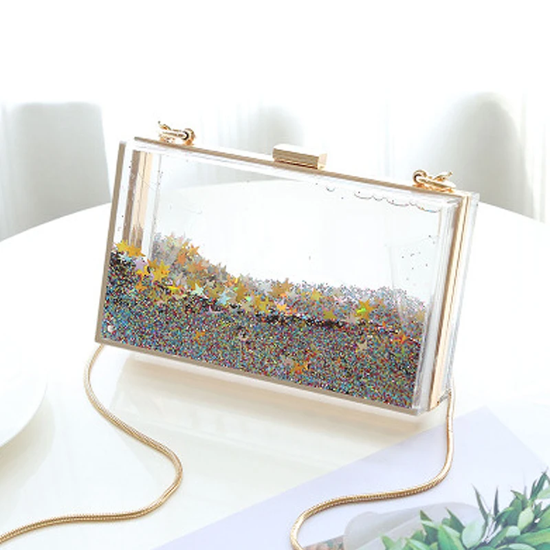 Square acrylic bag double-sided liquid flow sand  banquet dinner bags ladies handbag shoulder bag square handbag