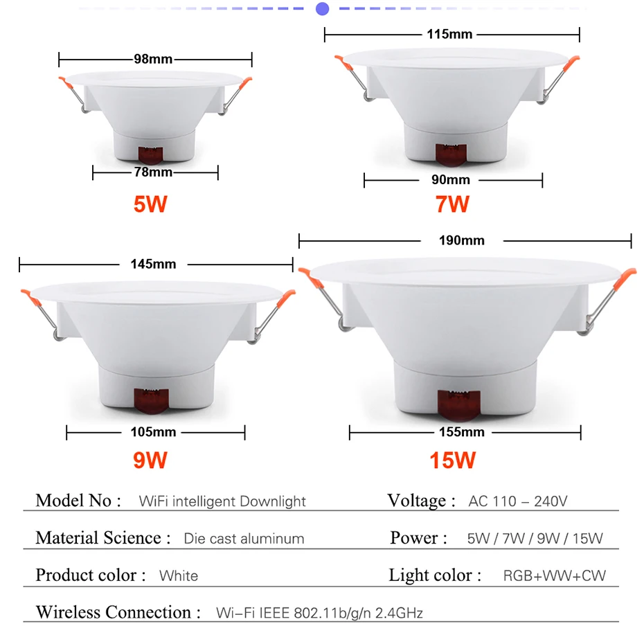 Tuya Smart LED Downlight Ceiling Recessed Lamp Dimmable RGB Color Changing 5W 7W 9W 15W Warm Cold Light with Alexa Google Home