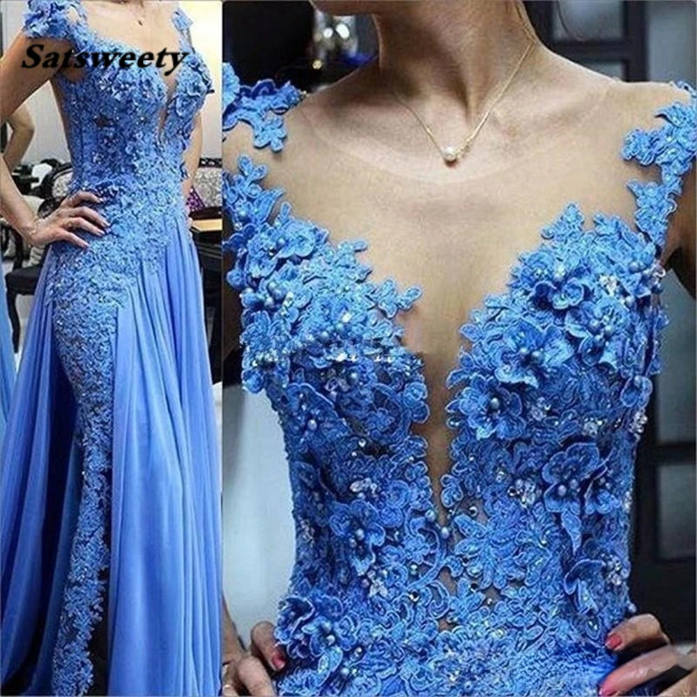 

Blue Lace Appliques Mother of the Bride Dresses Illusion Pearls Beading Formal Godmother Evening Wedding Party Guests Gown Plus