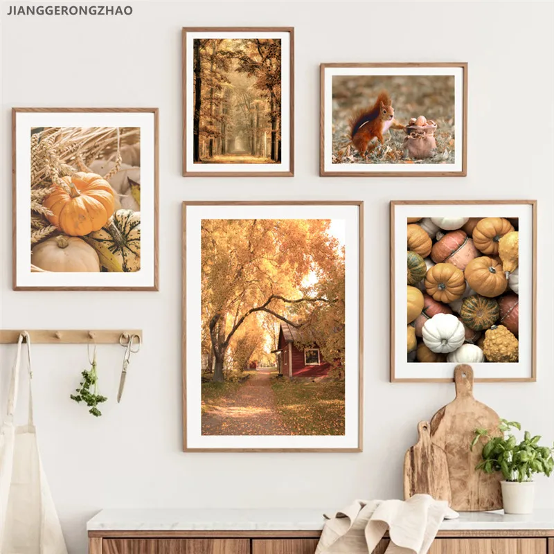 Nature Landscape Picture Canvas Painting Wall Art Autumn Scenery Pumpkin Maple Leaf Quote Poster and Print for Home Wall Decor